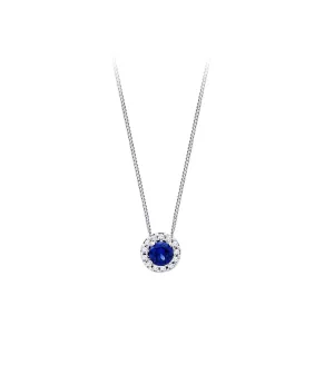 10K White Gold Round Blue Sapphire And Diamond Necklace