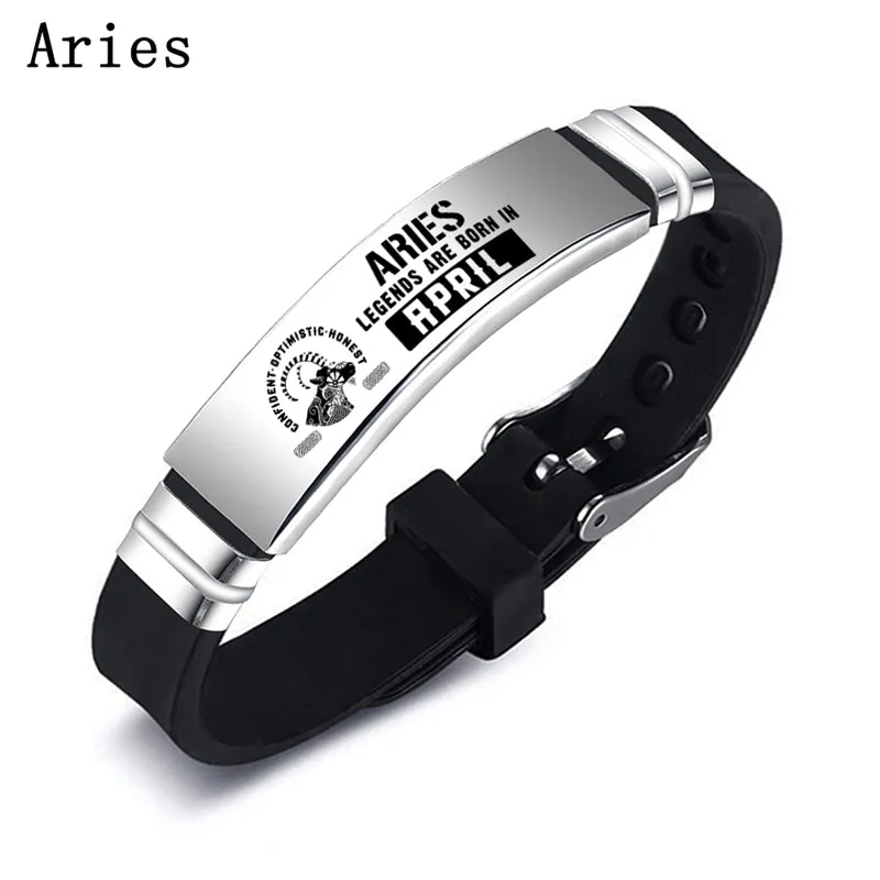 12 Zodiac Sign Constellation Stainless Steel Silicone Band Adjustable Bracelet Bangle