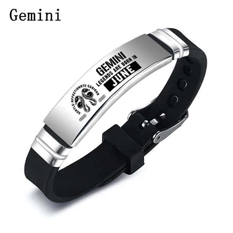 12 Zodiac Sign Constellation Stainless Steel Silicone Band Adjustable Bracelet Bangle
