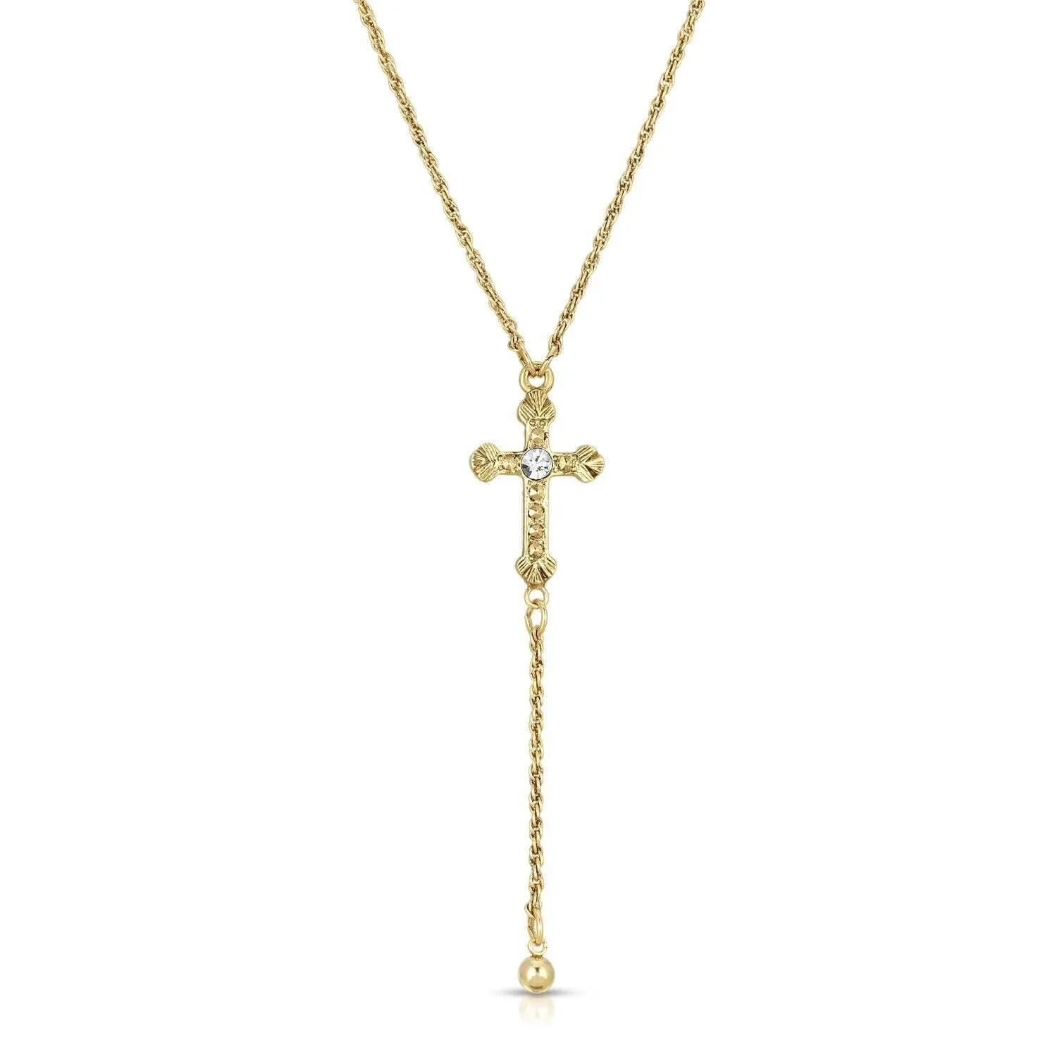 1928 Jewelry Gold Cross Round Clear Crystal Y-Necklace 15"   3" Extender
