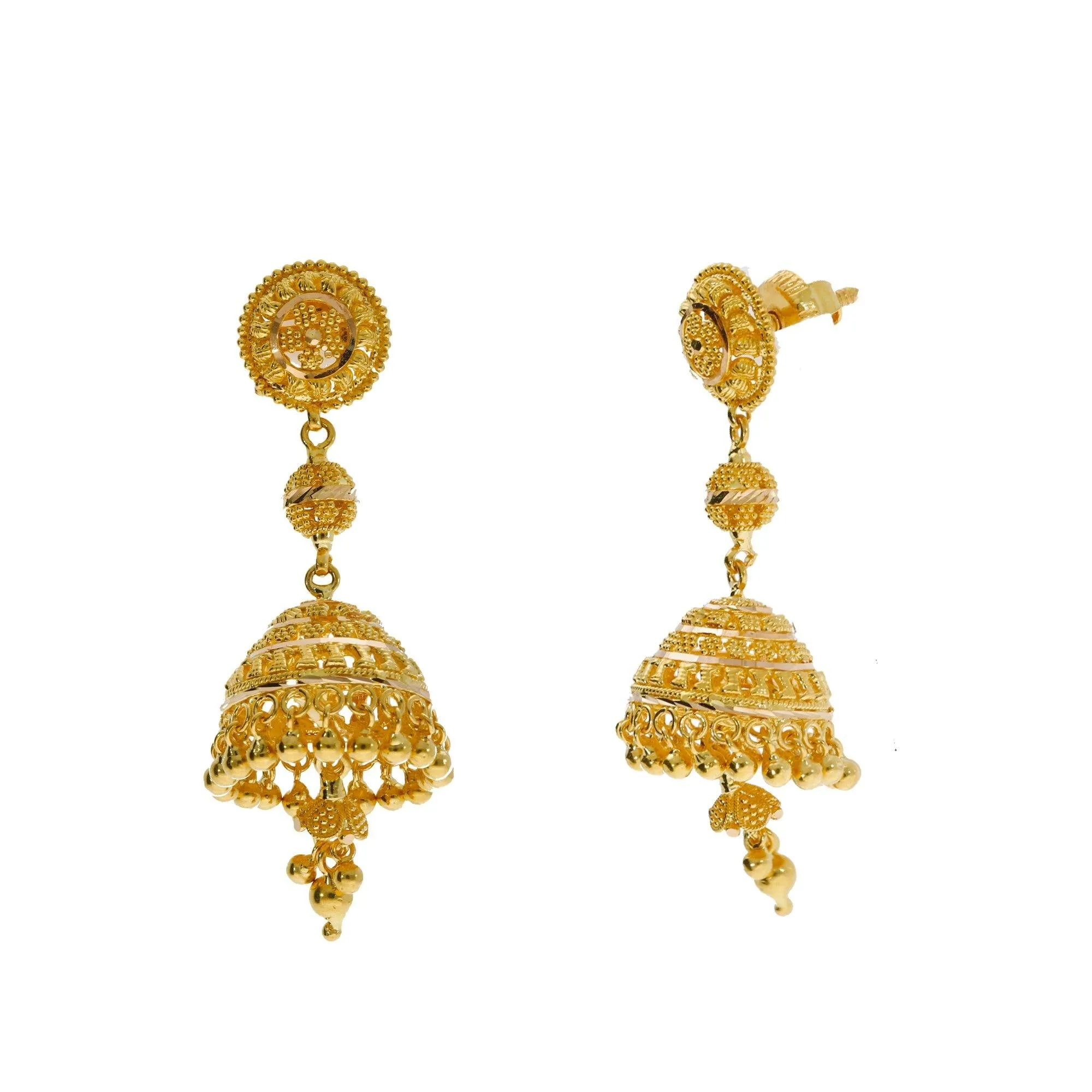 22K Yellow Gold Necklace & Jhumki Earrings Set W/ Egyptian Collar & Seashell Accents