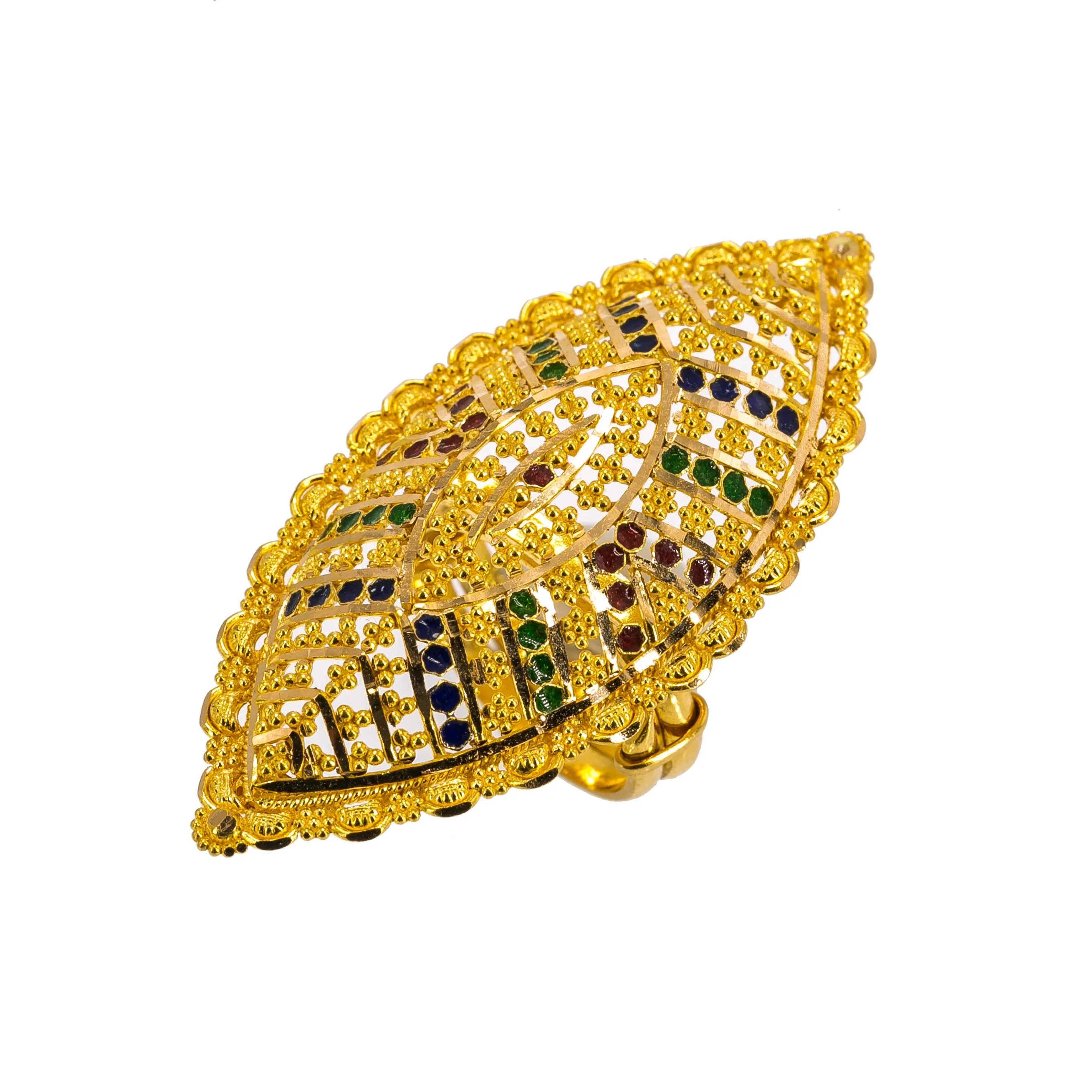 22K Yellow Gold Ring W/ Enamel Details & Marquise Shield