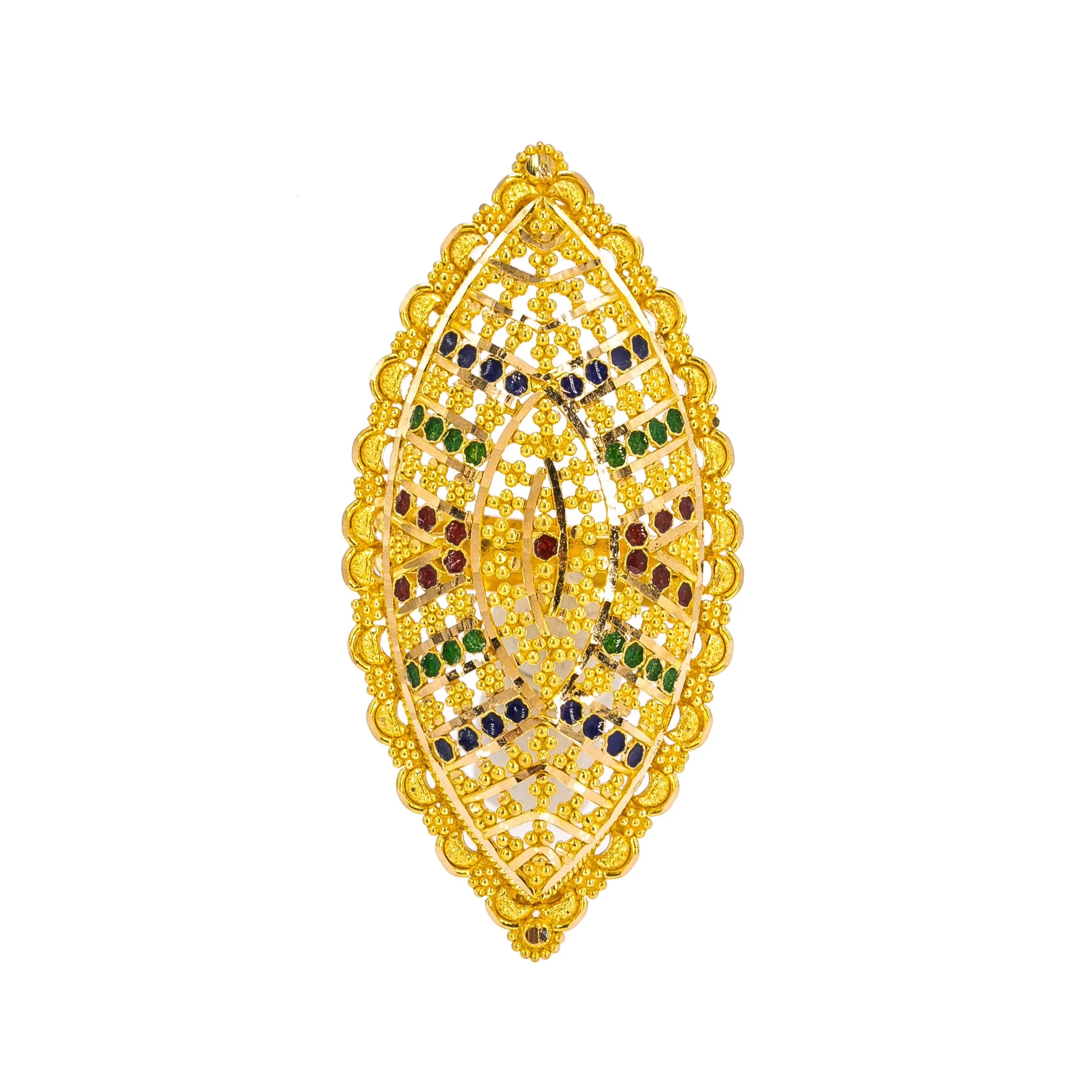 22K Yellow Gold Ring W/ Enamel Details & Marquise Shield