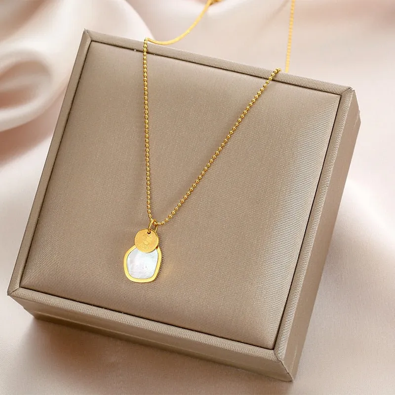 316L Stainless Steel Hot Fashion Polygonal White Shell Pendant Clavicle Chain Necklace