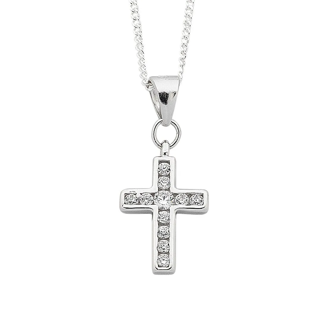 45cm Sterling Silver White Cubic Zirconia Cross Pendant Necklace