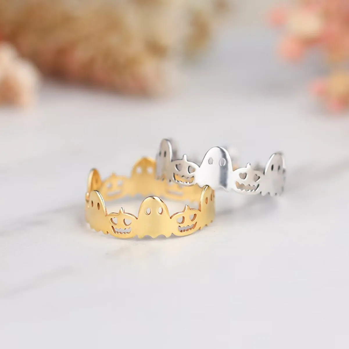 925 Silver Pumpkin Ghost Open Ring