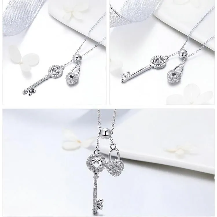 925 Sterling Silver Key of Heart Lock Pendant Necklace Charm Jewelry Without Chain