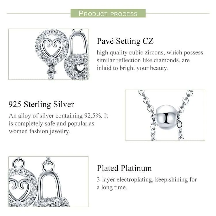 925 Sterling Silver Key of Heart Lock Pendant Necklace Charm Jewelry Without Chain