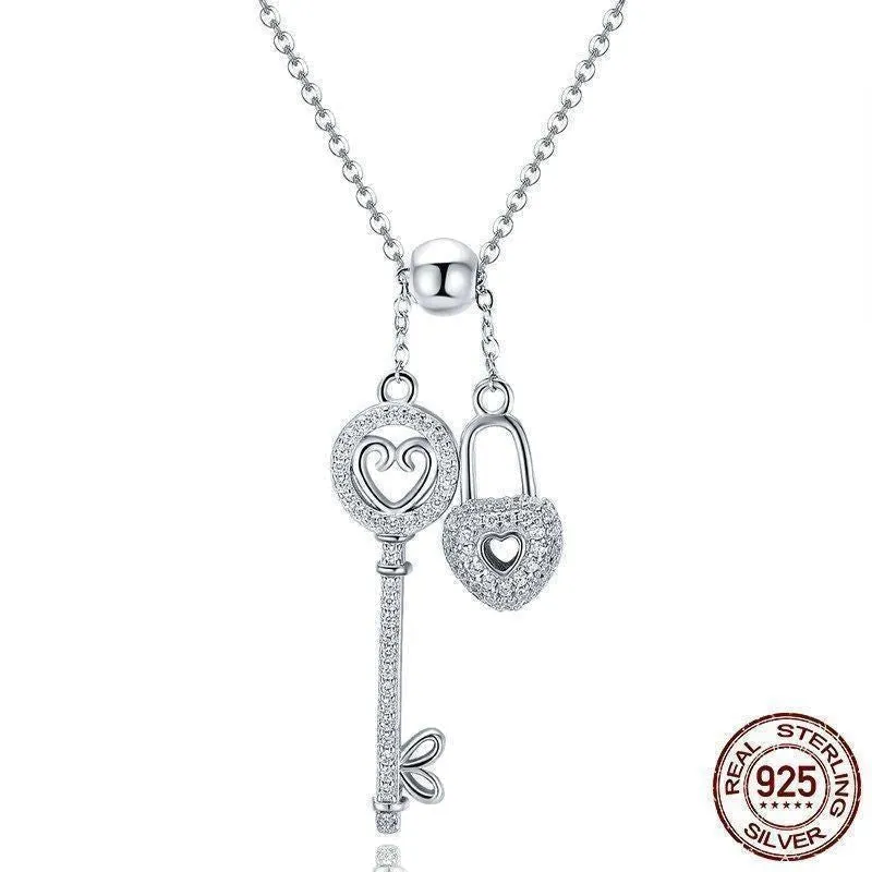 925 Sterling Silver Key of Heart Lock Pendant Necklace Charm Jewelry Without Chain