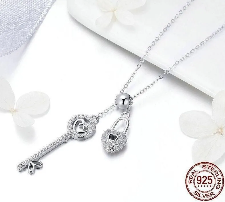 925 Sterling Silver Key of Heart Lock Pendant Necklace Charm Jewelry Without Chain