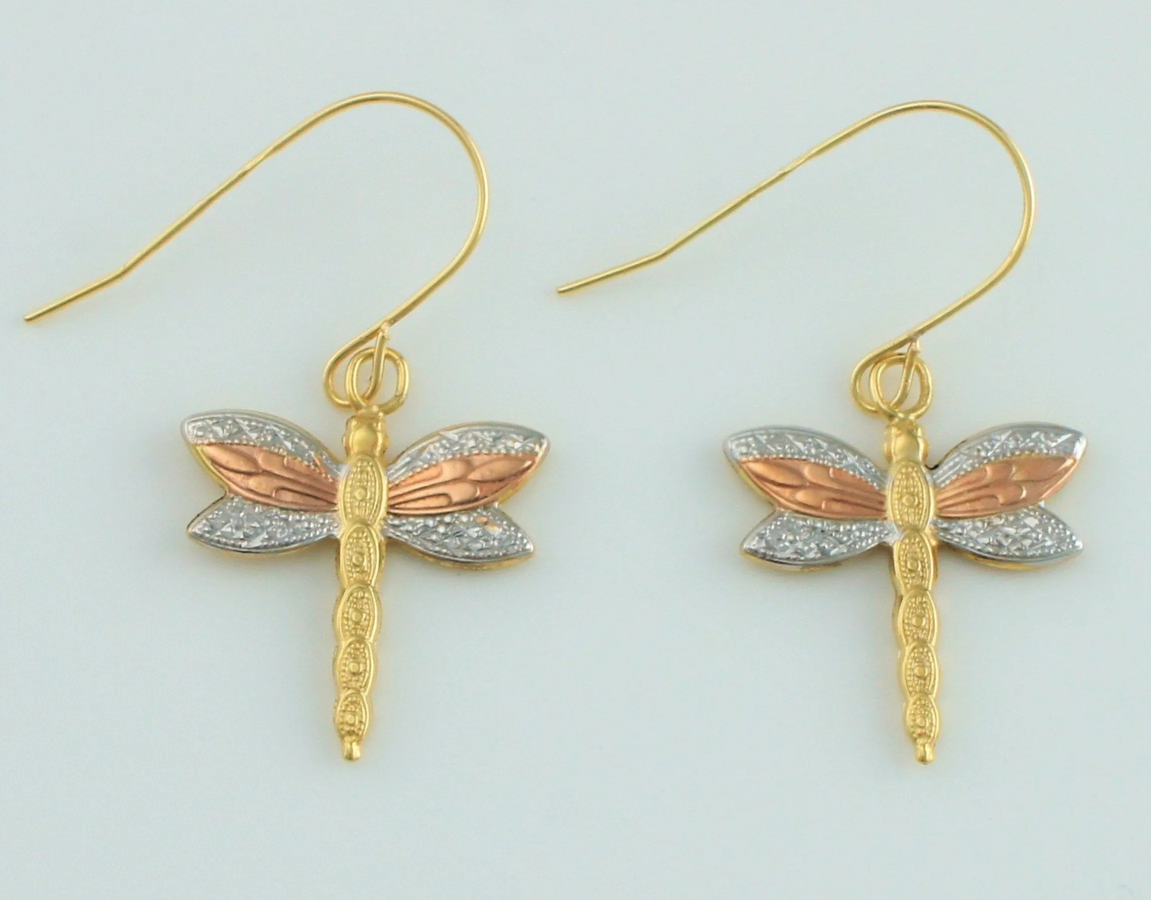 9ct Yellow, White, Rose Gold Dragonfly Earrings Drop Earrings