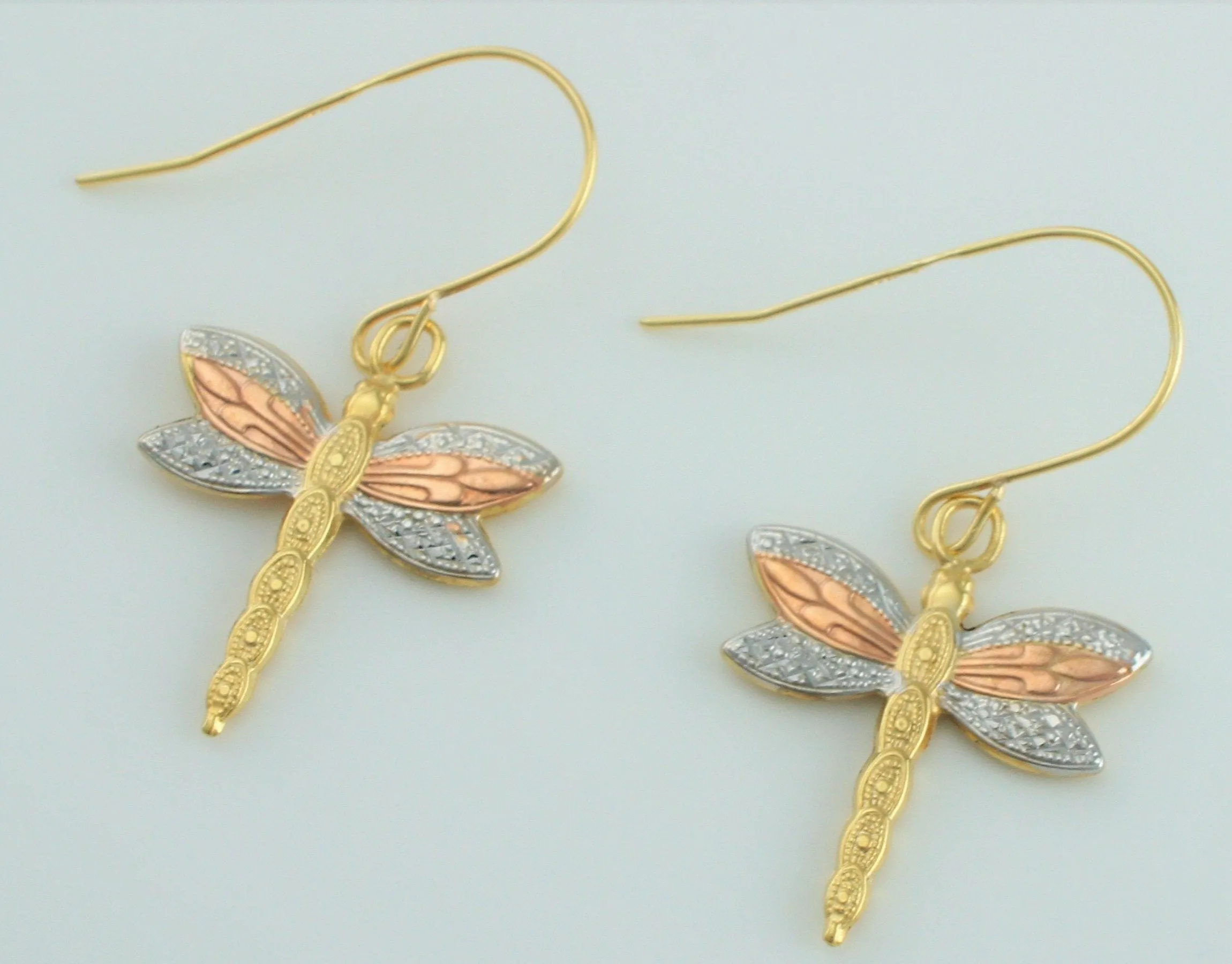 9ct Yellow, White, Rose Gold Dragonfly Earrings Drop Earrings