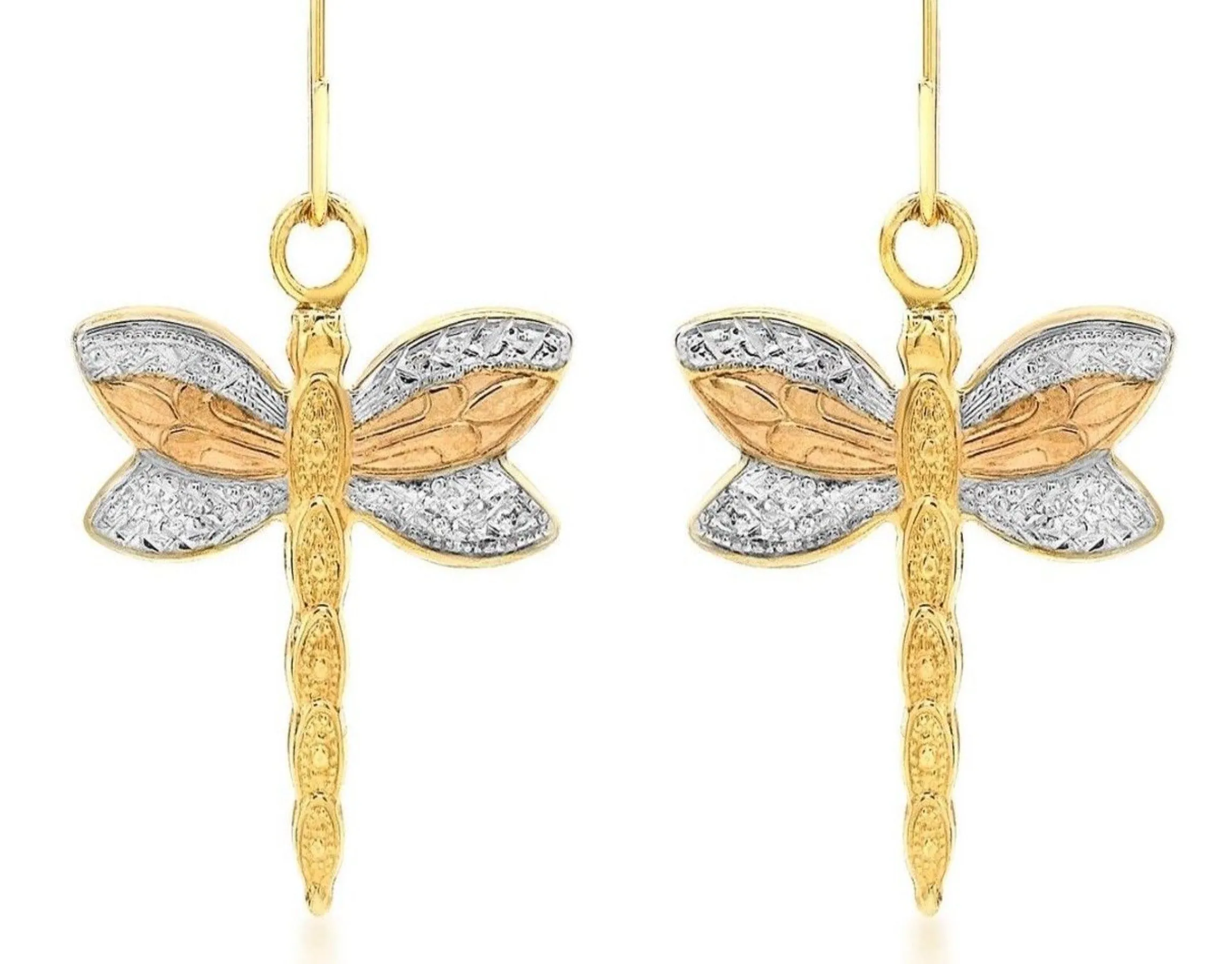 9ct Yellow, White, Rose Gold Dragonfly Earrings Drop Earrings