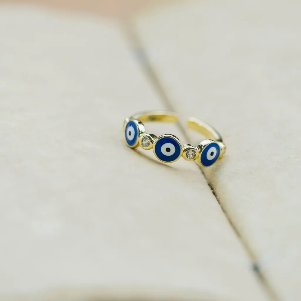 Adjustable Blue White Slim Beaded Stackable Protection Evil Eye Ring