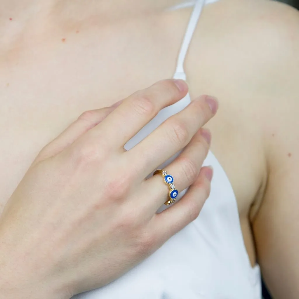 Adjustable Blue White Slim Beaded Stackable Protection Evil Eye Ring