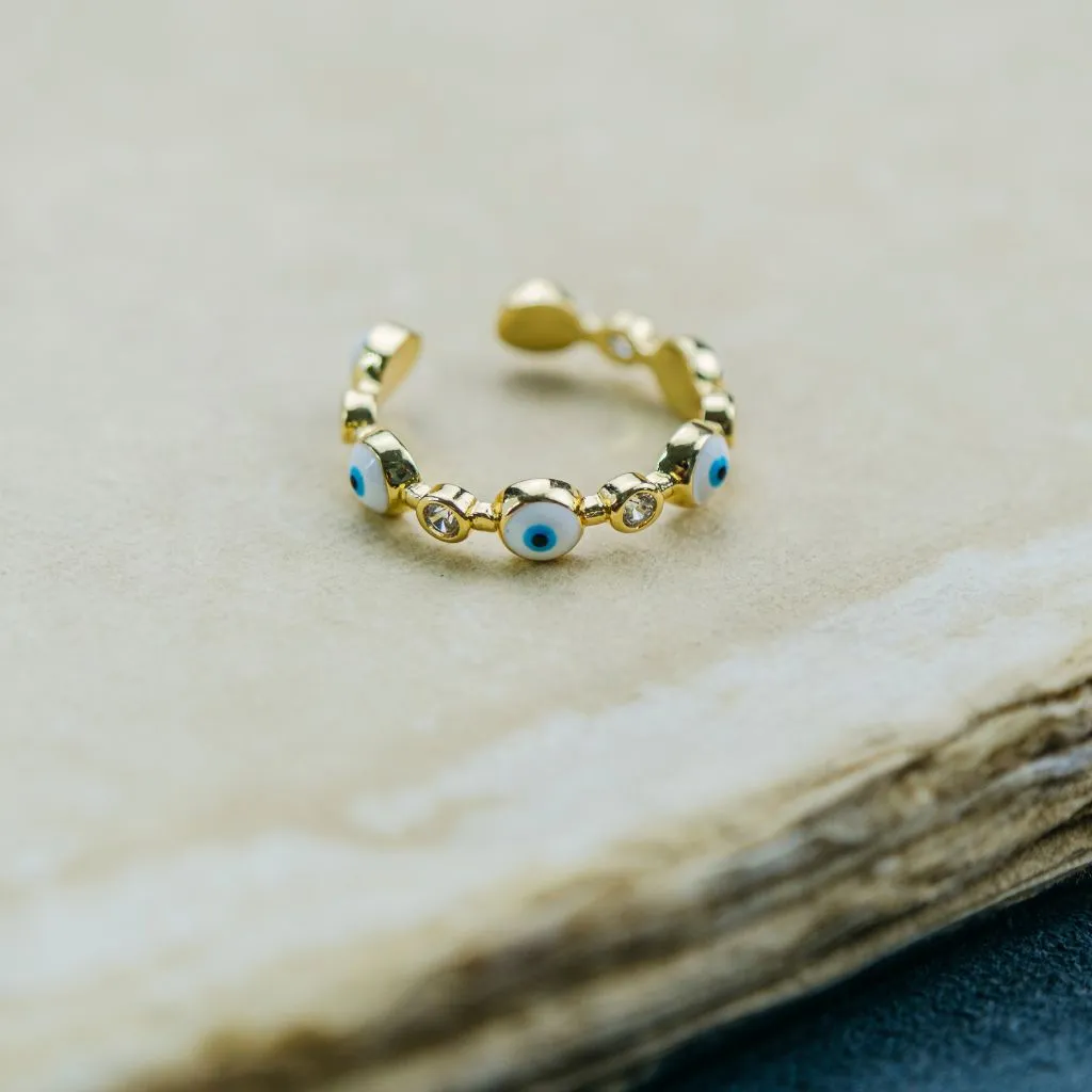 Adjustable Blue White Slim Beaded Stackable Protection Evil Eye Ring