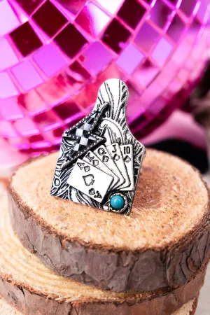 All In Royal Flush Cattle Tag Silvertone Cuff Ring