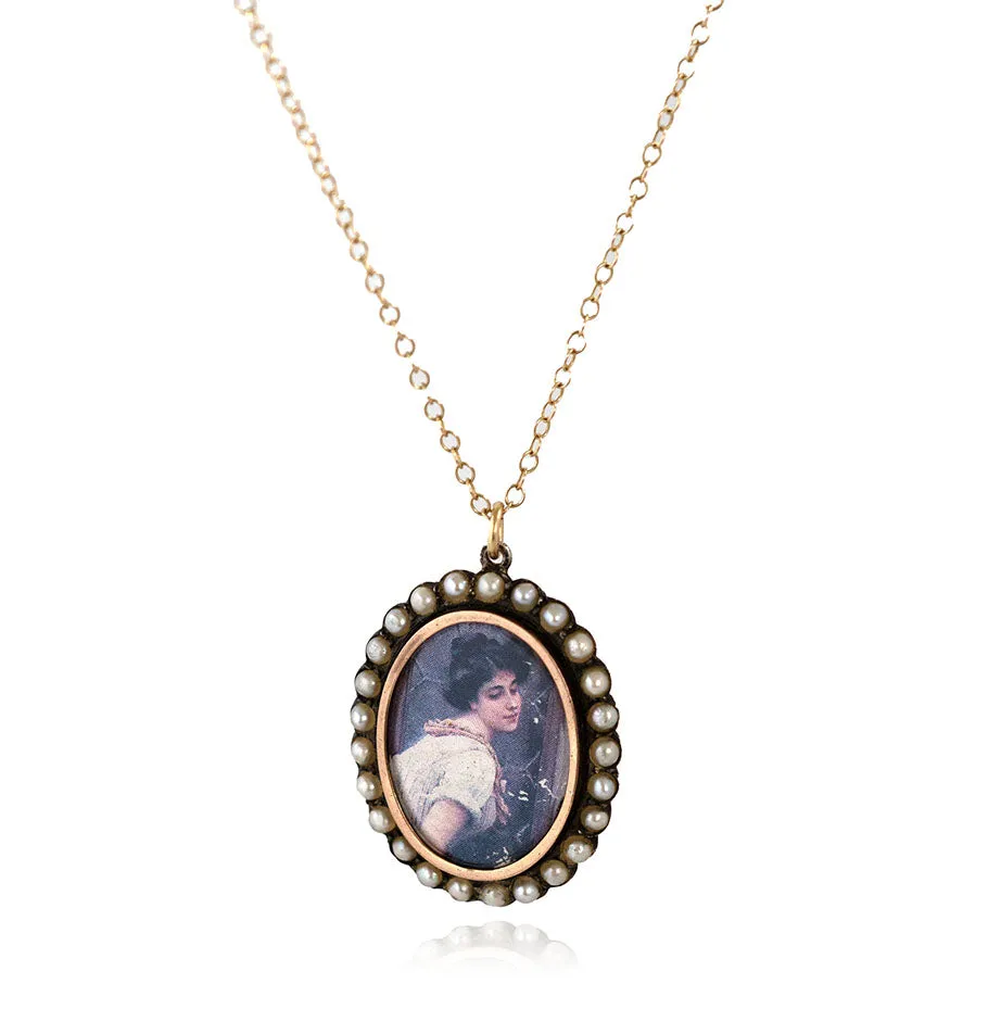 Antique 1903 Pearl Portrait Silver Gold Locket Necklace