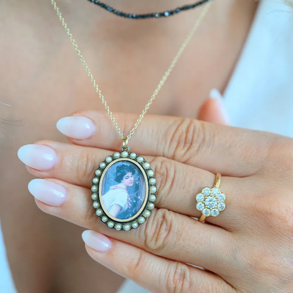 Antique 1903 Pearl Portrait Silver Gold Locket Necklace