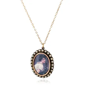Antique 1903 Pearl Portrait Silver Gold Locket Necklace