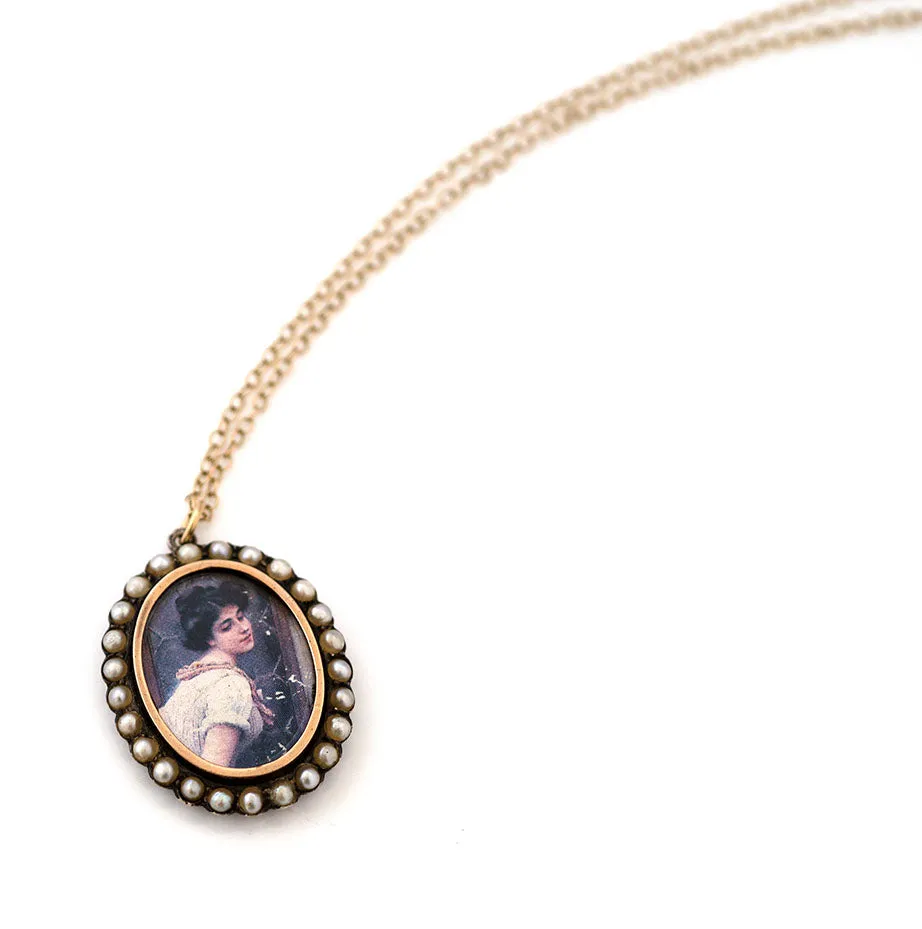 Antique 1903 Pearl Portrait Silver Gold Locket Necklace