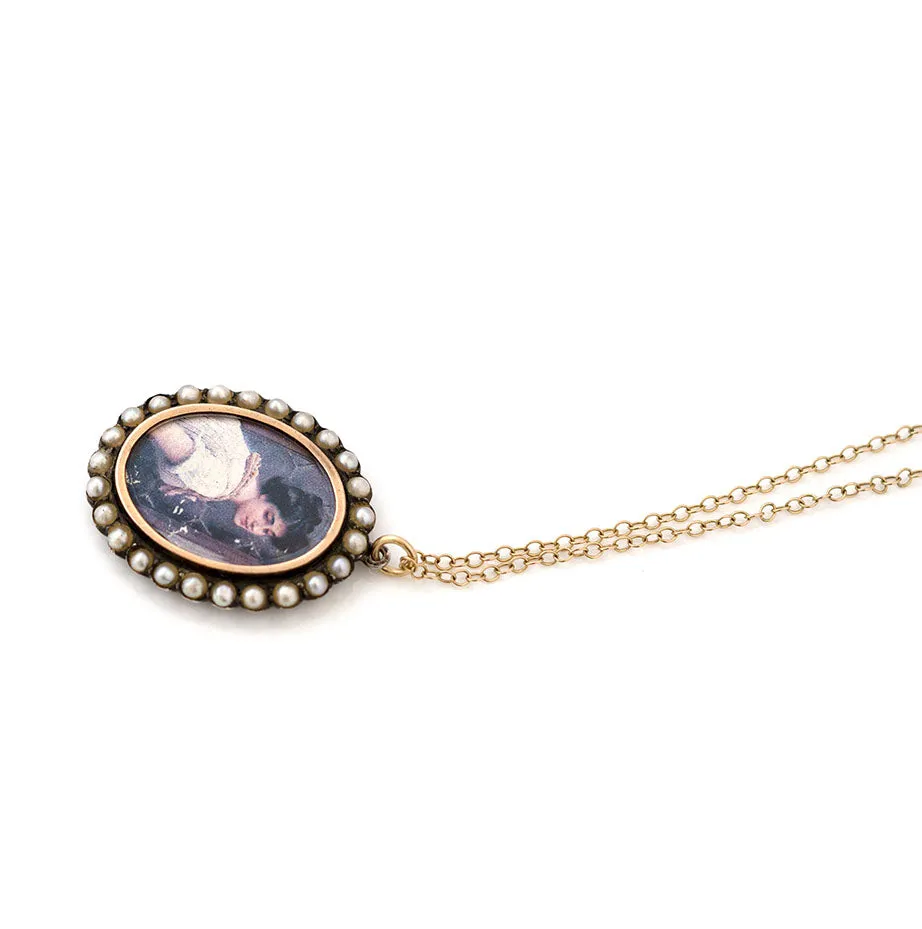 Antique 1903 Pearl Portrait Silver Gold Locket Necklace