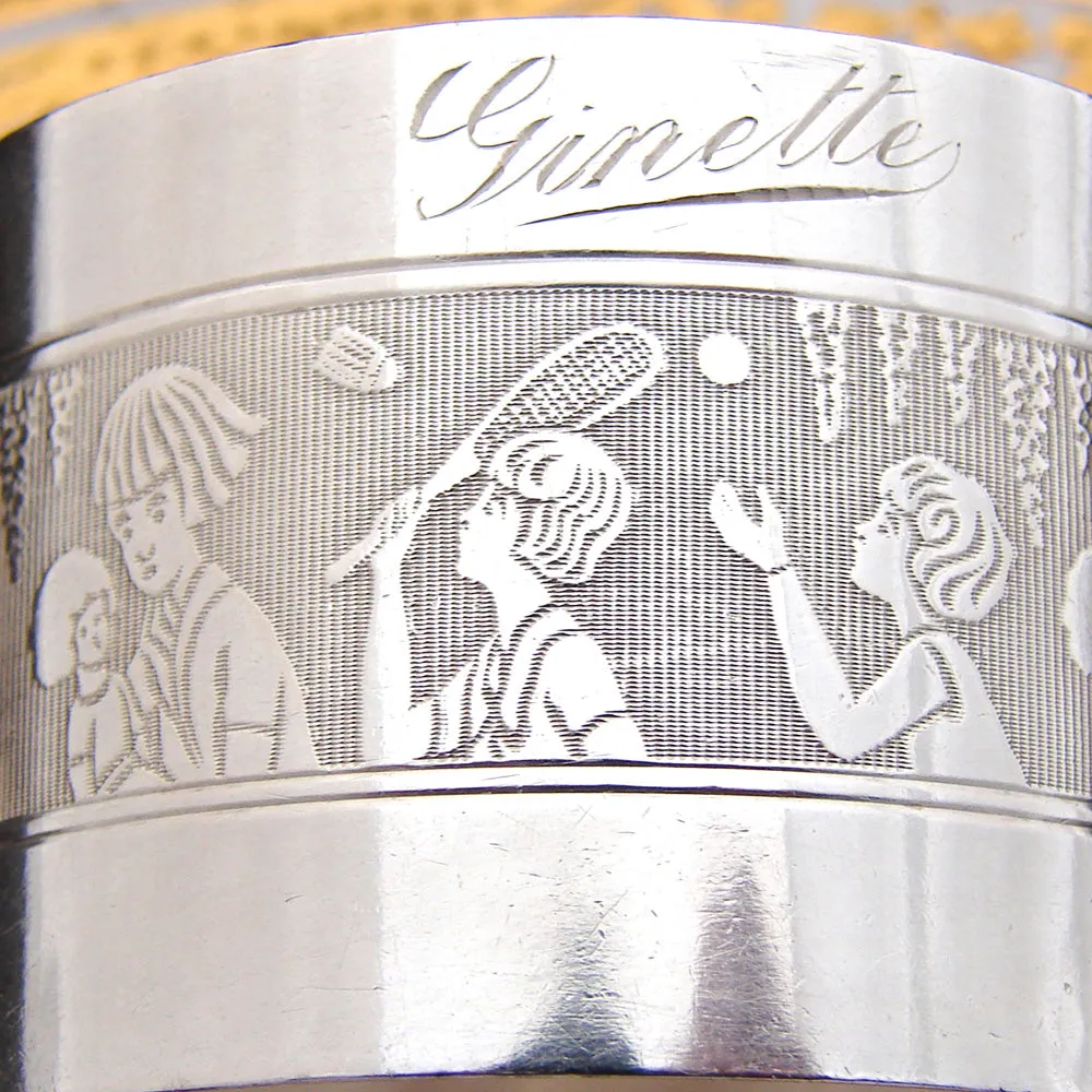 Antique French Sterling Silver Napkin Ring, Child's "Ginette" Inscription & Playful Badminton & Doll Decoration