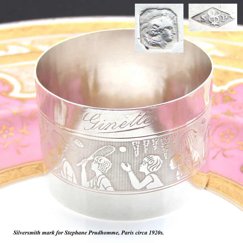 Antique French Sterling Silver Napkin Ring, Child's "Ginette" Inscription & Playful Badminton & Doll Decoration