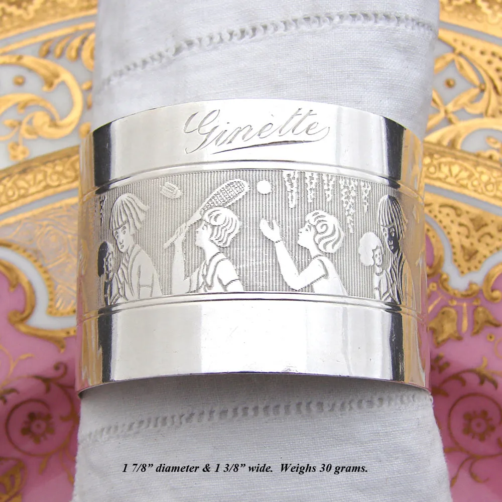 Antique French Sterling Silver Napkin Ring, Child's "Ginette" Inscription & Playful Badminton & Doll Decoration
