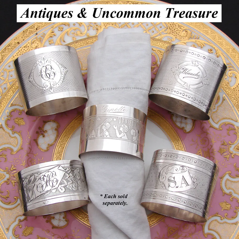 Antique French Sterling Silver Napkin Ring, Child's "Ginette" Inscription & Playful Badminton & Doll Decoration