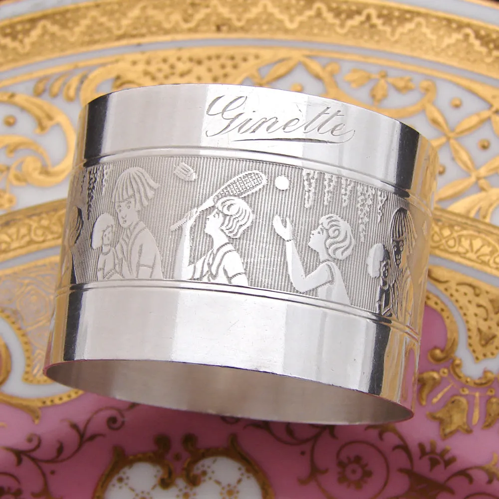Antique French Sterling Silver Napkin Ring, Child's "Ginette" Inscription & Playful Badminton & Doll Decoration