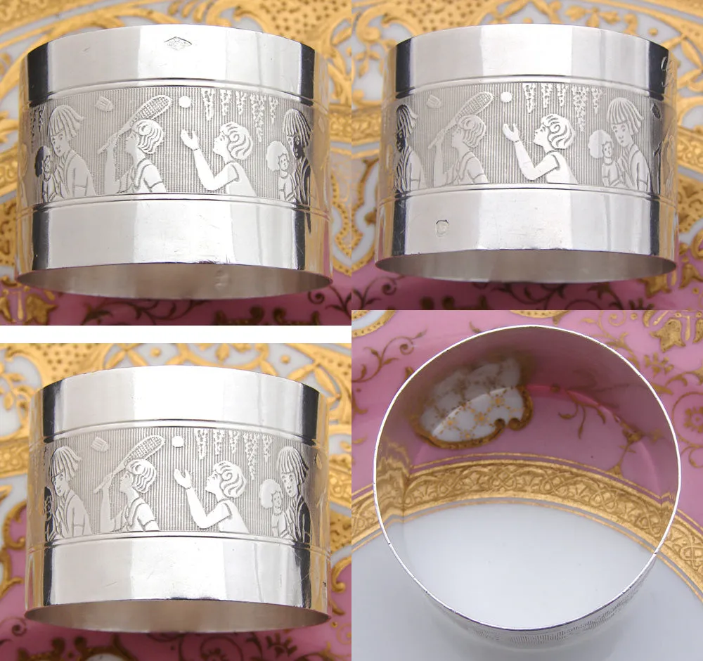 Antique French Sterling Silver Napkin Ring, Child's "Ginette" Inscription & Playful Badminton & Doll Decoration