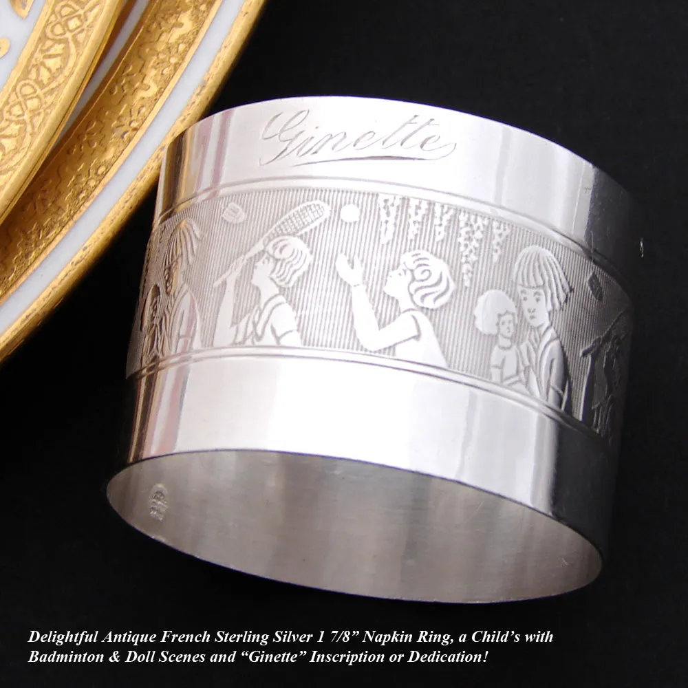 Antique French Sterling Silver Napkin Ring, Child's "Ginette" Inscription & Playful Badminton & Doll Decoration