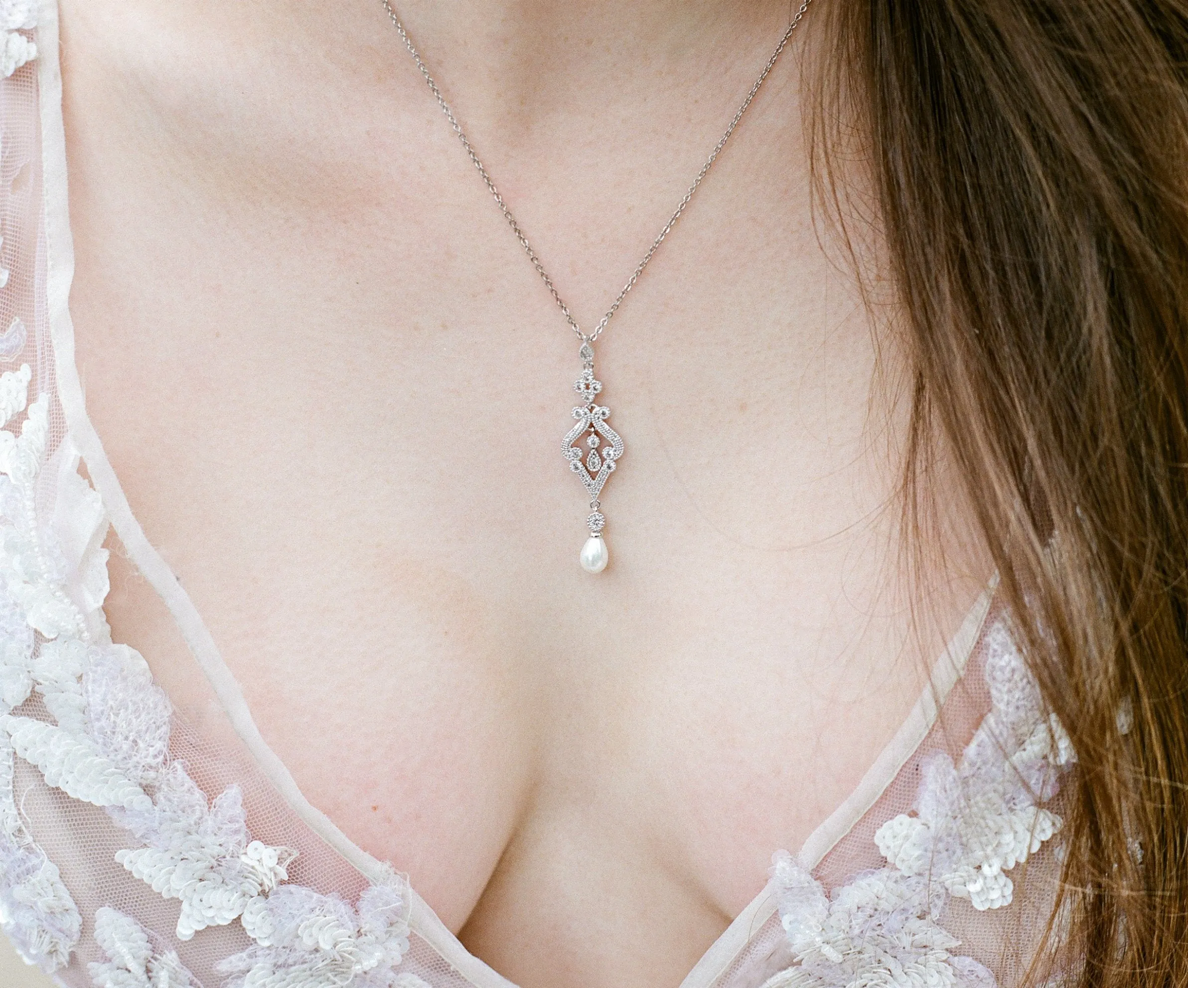 AURELIE Simulated Diamond and Pearl Drop Necklace