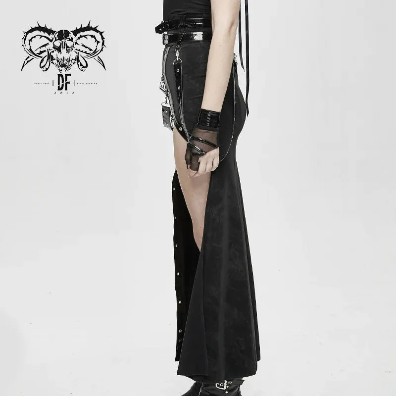 Black High Slit Skirt w/ Vegan Patent Leather Strap Details