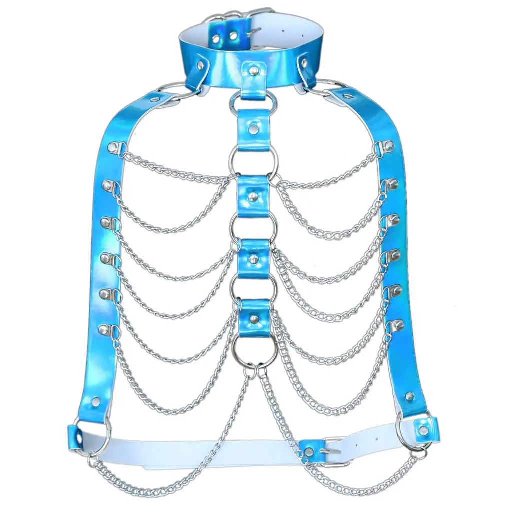 Blue Holographic Ribcage Harness w/ Chain Details