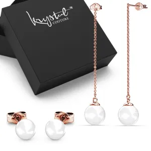 Boxed 2 Pairs Rose Gold Layered Pearl Earrings Set Embellished with SWAROVSKI Pearls