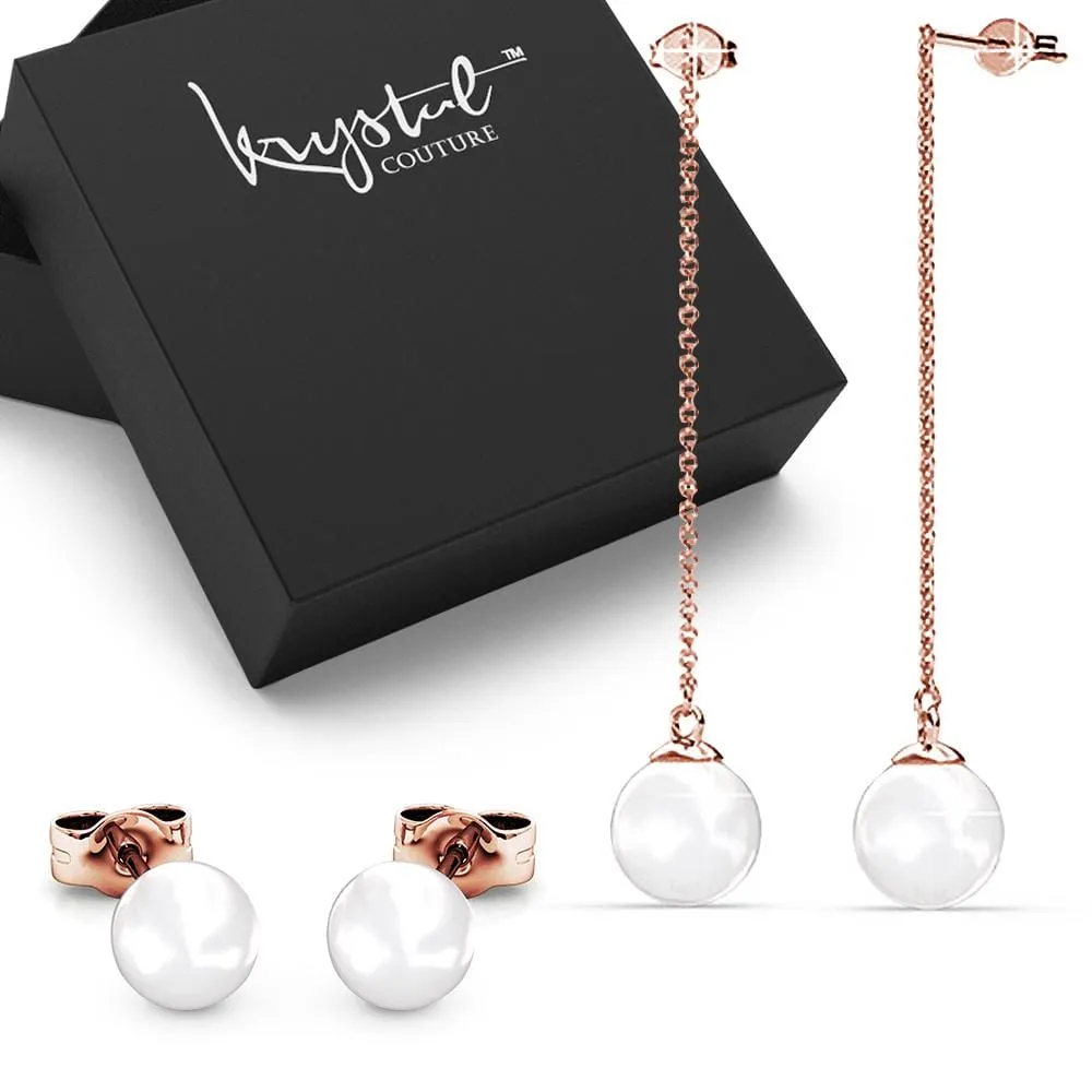 Boxed 2 Pairs Rose Gold Layered Pearl Earrings Set Embellished with SWAROVSKI Pearls