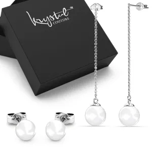 Boxed 2 Pairs White Gold Layered Pearl Drop Earrings Set Embellished with SWAROVSKI Pearls