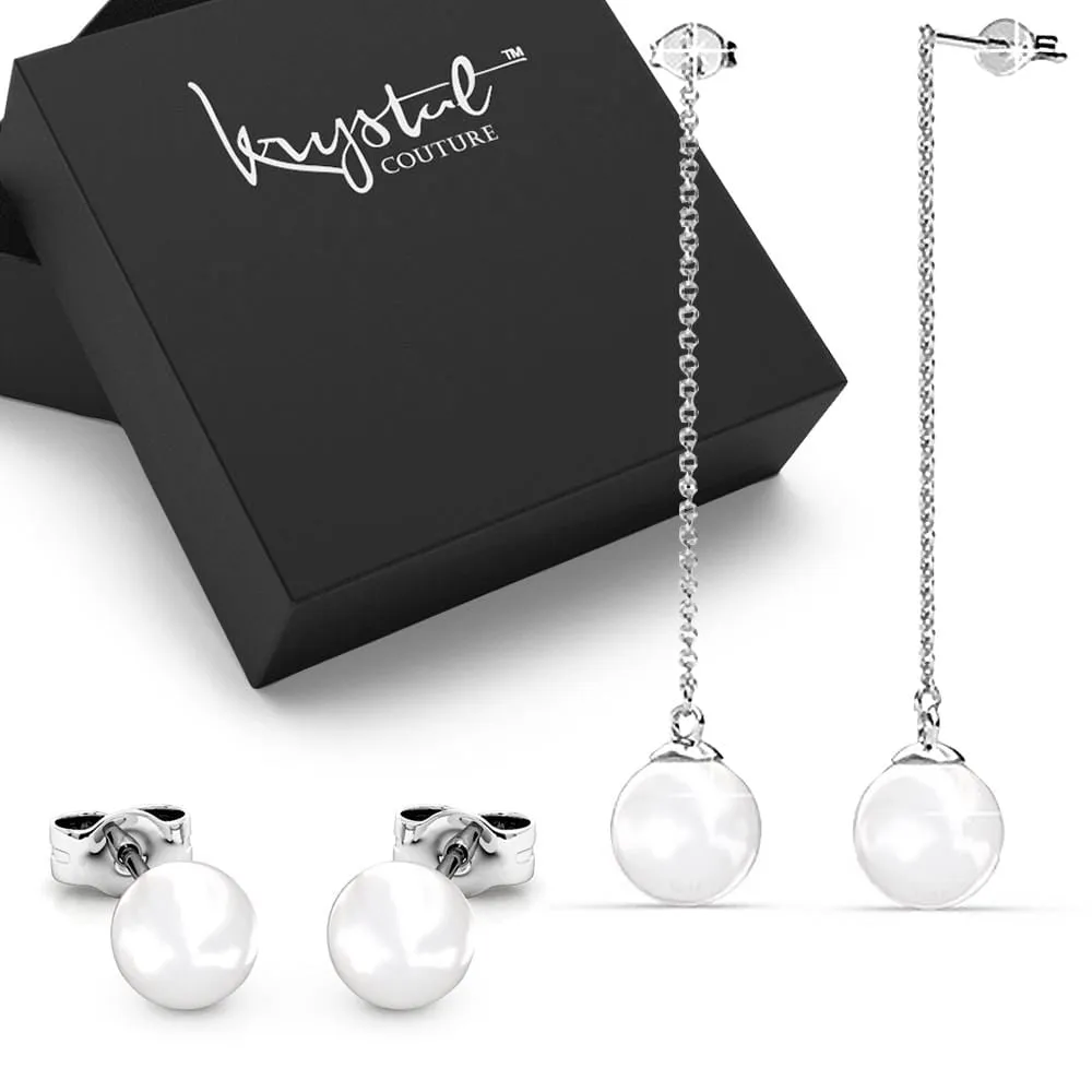 Boxed 2 Pairs White Gold Layered Pearl Drop Earrings Set Embellished with SWAROVSKI Pearls