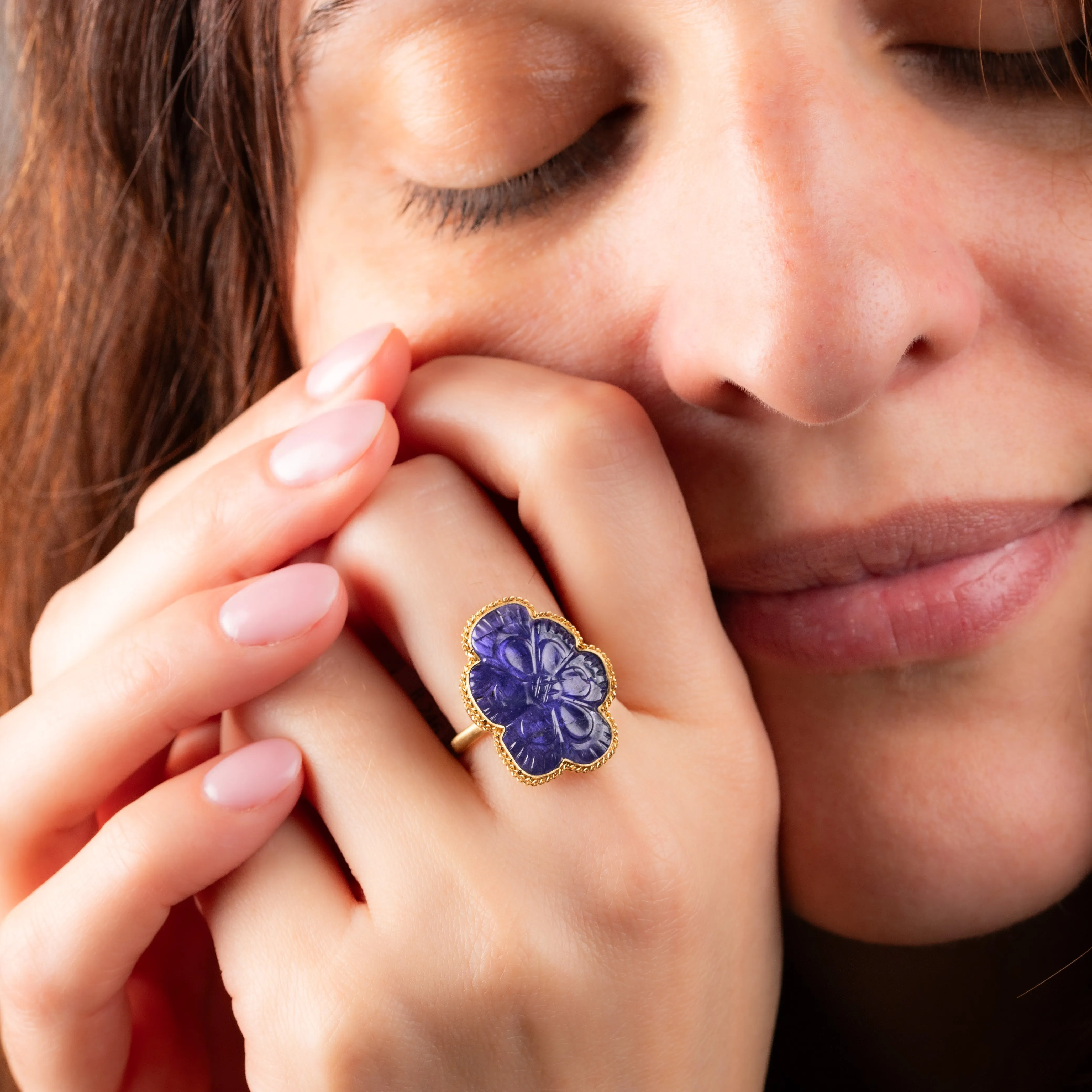 Carved Tanzanite Flower Ring