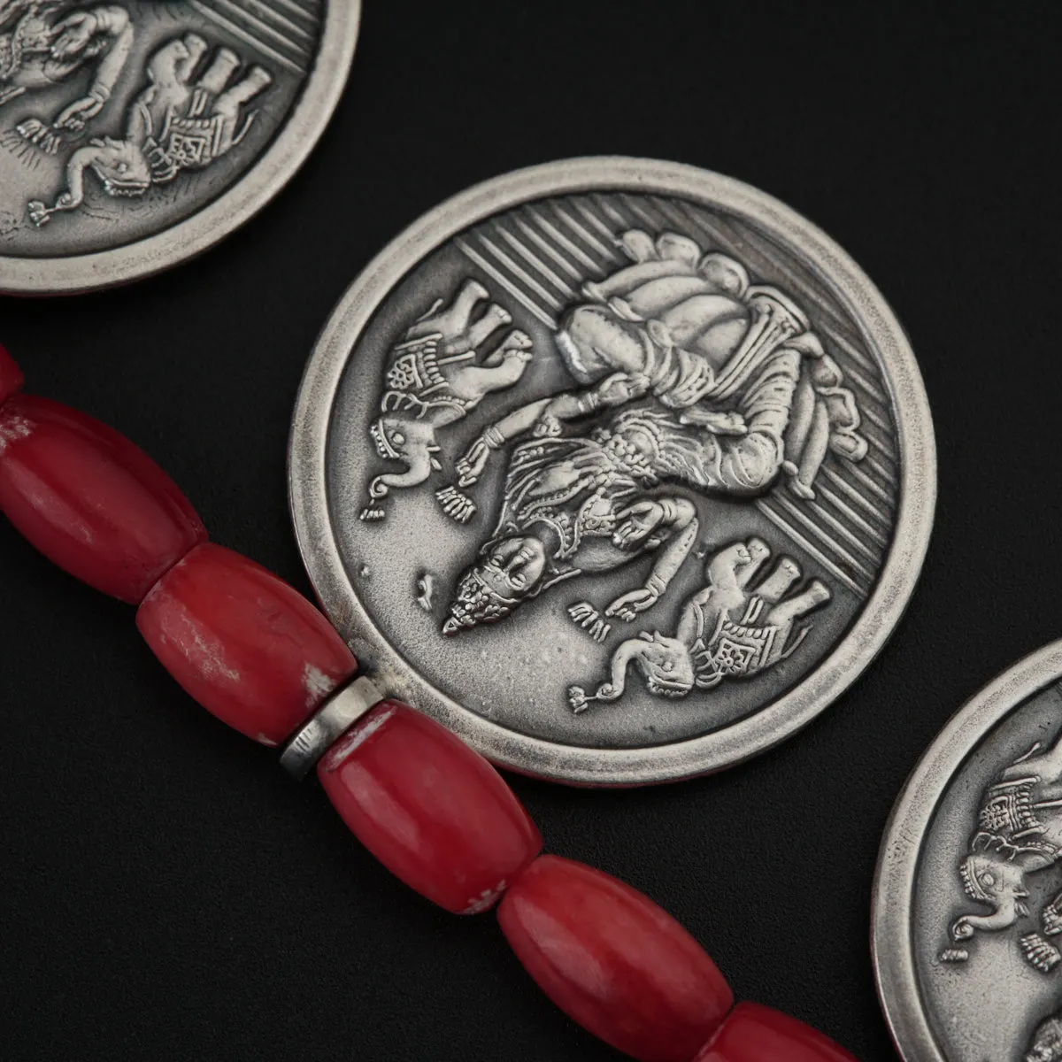 Coral Putali Coin Haar Set: Long ( Coin necklace ) - Oxidised silver