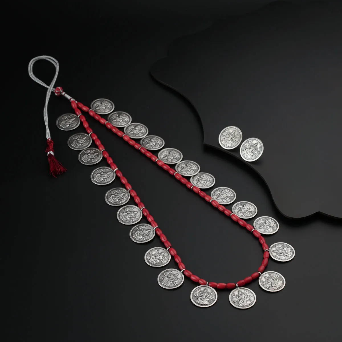 Coral Putali Coin Haar Set: Long ( Coin necklace ) - Oxidised silver