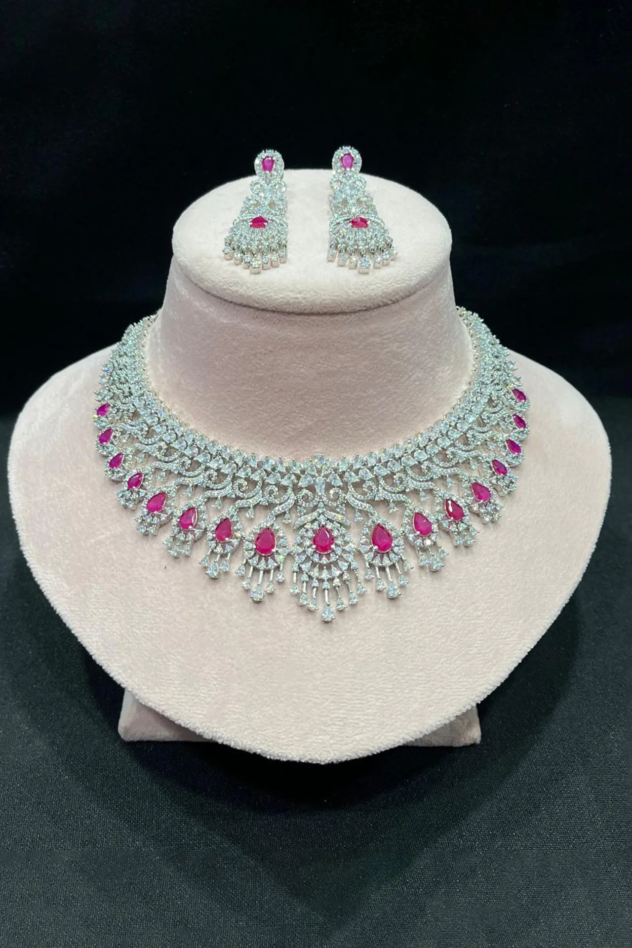 Designer American Diamond Silver Plated Necklace with Earrings (D1150)