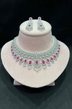 Designer American Diamond Silver Plated Necklace with Earrings (D1150)