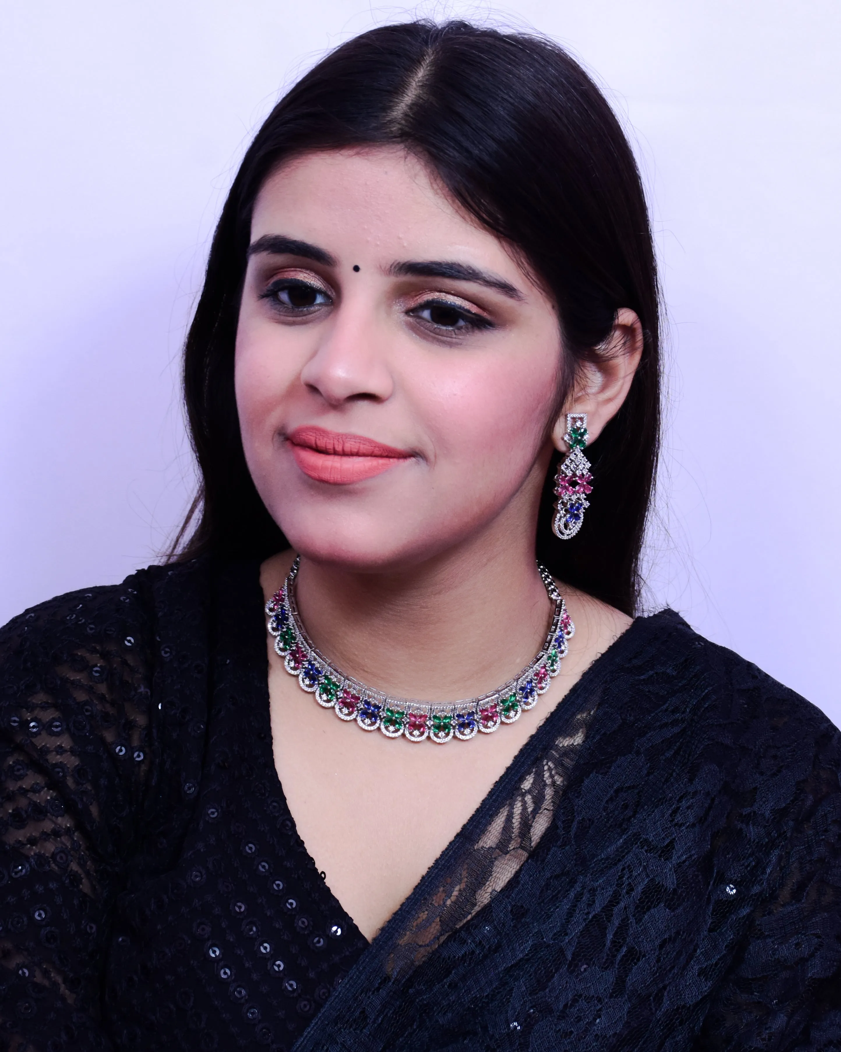 Designer Semi-Precious American Diamond & Multi Color Necklace with Earrings (D697)