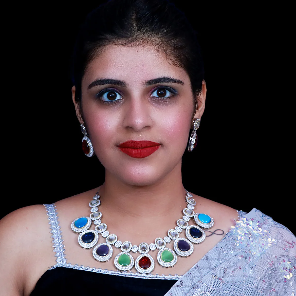 Designer Semi-Precious American Diamond & Multi Colour Necklace with Earrings (D478)