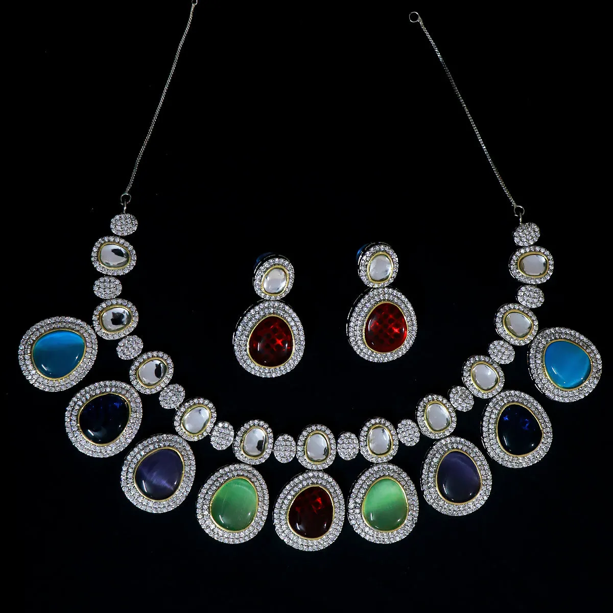 Designer Semi-Precious American Diamond & Multi Colour Necklace with Earrings (D478)