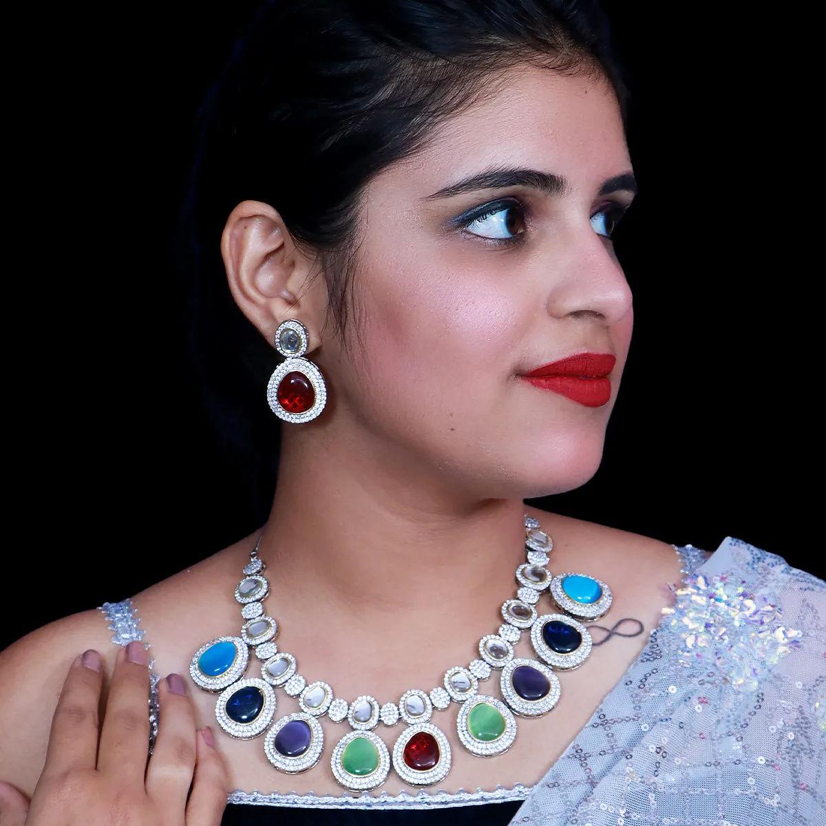 Designer Semi-Precious American Diamond & Multi Colour Necklace with Earrings (D478)