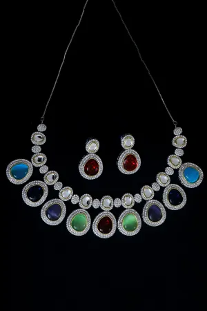 Designer Semi-Precious American Diamond & Multi Colour Necklace with Earrings (D478)